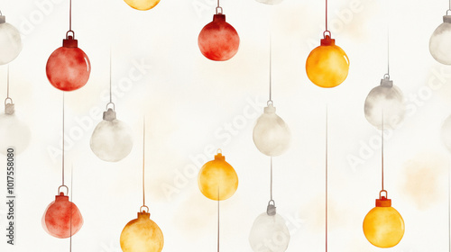 Watercolor Christmas bulbs in red, orange, and white create festive and warm atmosphere. These glowing ornaments hang gracefully, perfect for holiday decorations