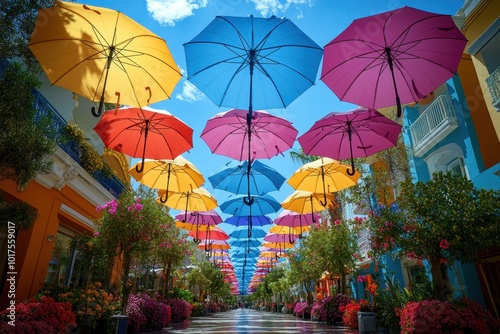 Wallpaper Mural Row of colorful umbrellas hanging against a vivid blue sky in a festive atmosphere Torontodigital.ca