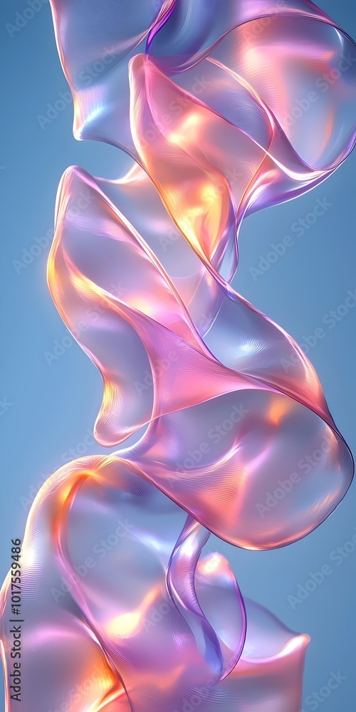 Abstract swirling iridescent ribbon with a soft glow against a blue background. Abstract swirling iridescent ribbon with a soft glow against a blue background.