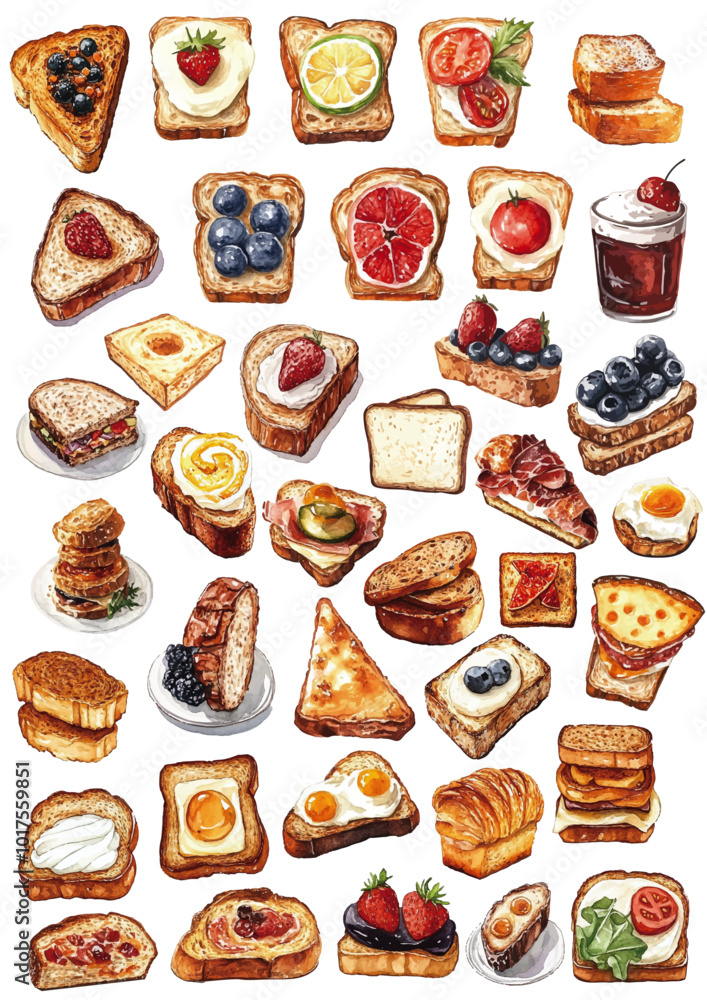 A variety of delicious toasts with different flavors A variety of delicious toasts with different flavors