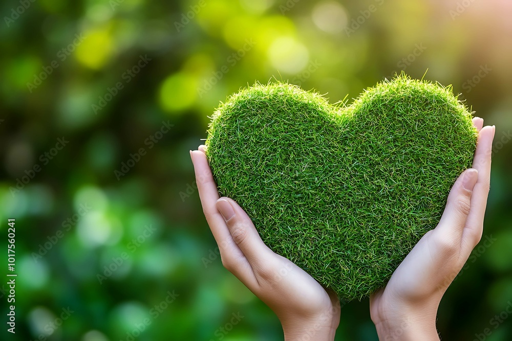 Human hands holding green grass in the shape of heart on nature background