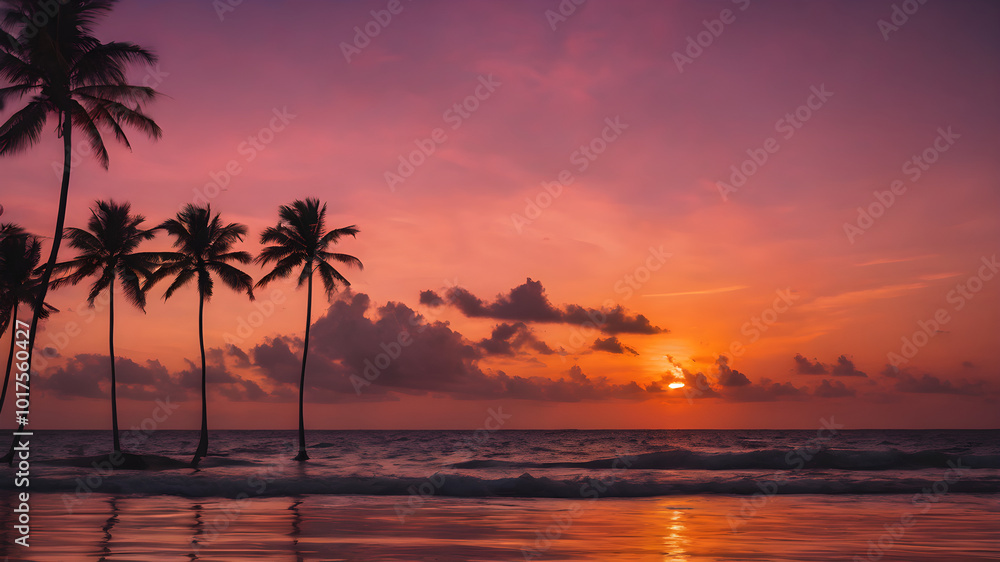 A tropical sunset sky with orange and pink hues reflecting off the ocean, with palm trees silhouetted in the foreground swaying gently in the breeze
A tropical sunset sky with orange and pink hues reflecting off the ocean, with palm trees silhouetted in the foreground swaying gently in the breeze