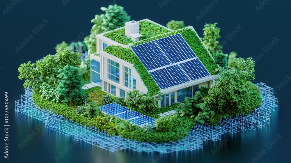 Obraz premium Sustainable Eco Friendly House with Solar Panels and Green Roof 3D Rendering