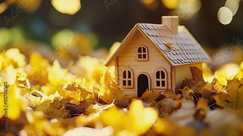 Miniature Wooden House with Autumn Leaves: Miniature wooden house surrounded by yellow autumn leaves on a sunny day, evoking a cozy, seasonal atmosphere.