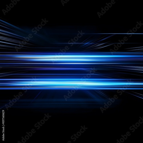 Digitally generated image of blue light and stripes moving fast over black background, generative ai