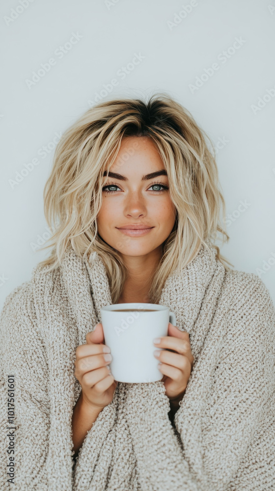 Young woman wrapped in a blanket holding a mug of coffee. Young woman wrapped in a blanket holding a mug of coffee.