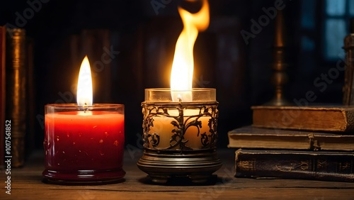 Two Decorative Candles Lit Beside Vintage Books in a Dimly Lit Room Creating a Warm, Cozy Atmosphere