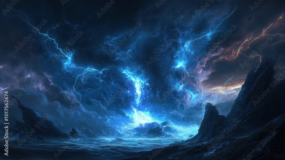 Fototapeta premium Supernatural storm with glowing clouds, lightning crackling with energy, ancient powers rising from the sky 