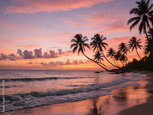 A tropical sunset sky with orange and pink hues reflecting off the ocean, with palm trees silhouetted in the foreground swaying gently in the breeze
