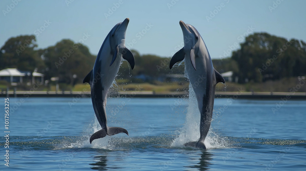 Obraz premium Two dolphins jumping out of the water, taking an underwater selfie with their tails splashing