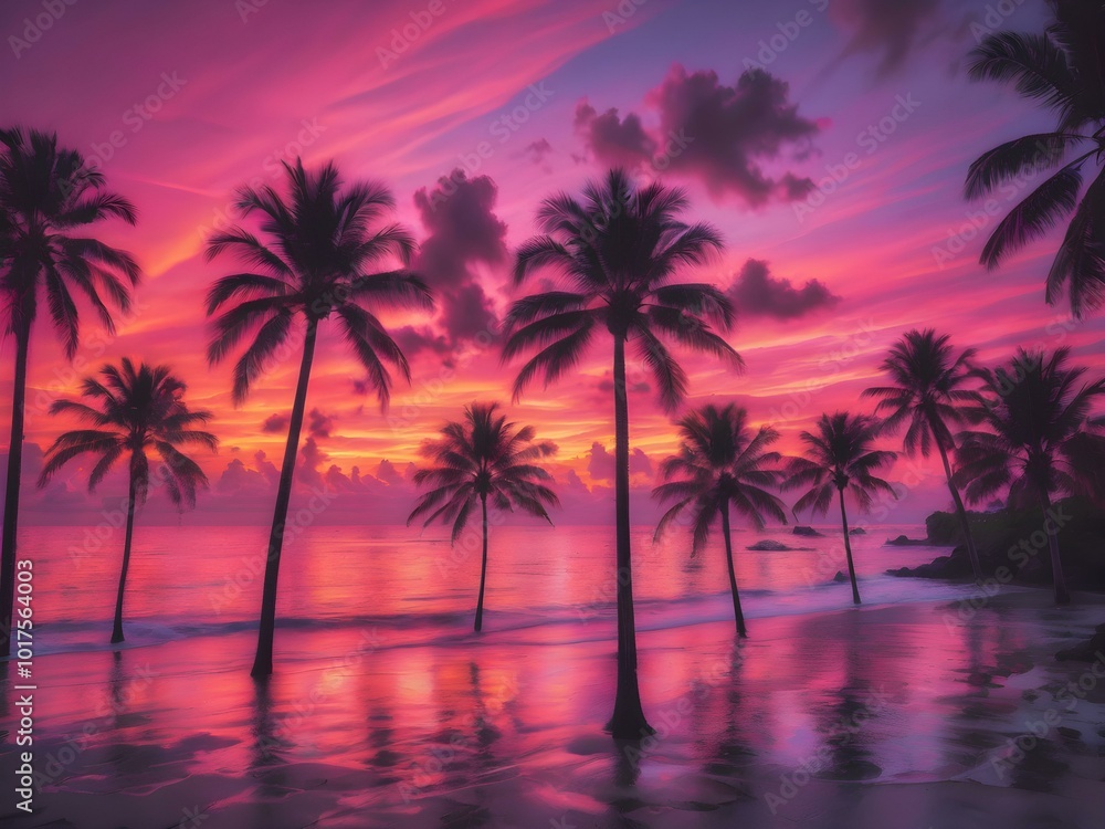 Naklejka premium A tropical sunset sky with orange and pink hues reflecting off the ocean, with palm trees silhouetted in the foreground swaying gently in the breeze