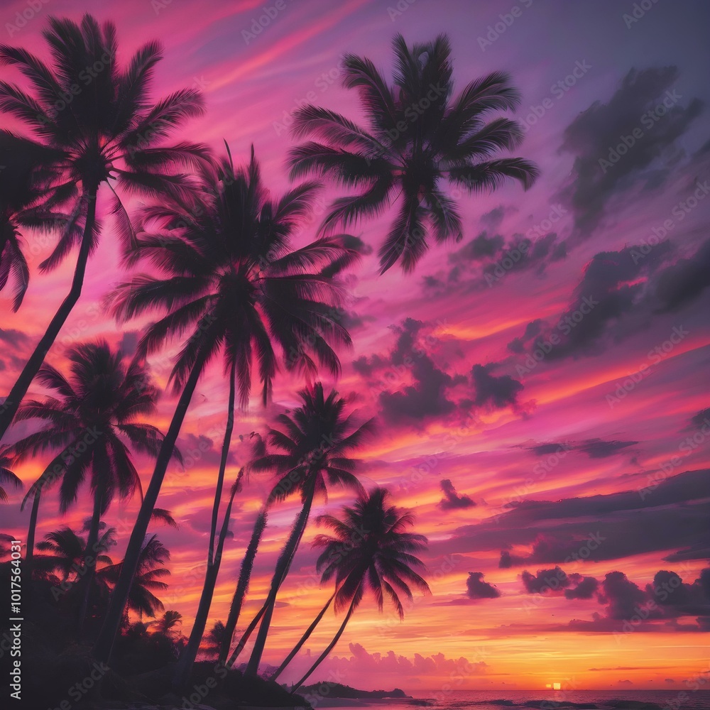 A tropical sunset sky with orange and pink hues reflecting off the ocean, with palm trees silhouetted in the foreground swaying gently in the breeze
A tropical sunset sky with orange and pink hues reflecting off the ocean, with palm trees silhouetted in the foreground swaying gently in the breeze