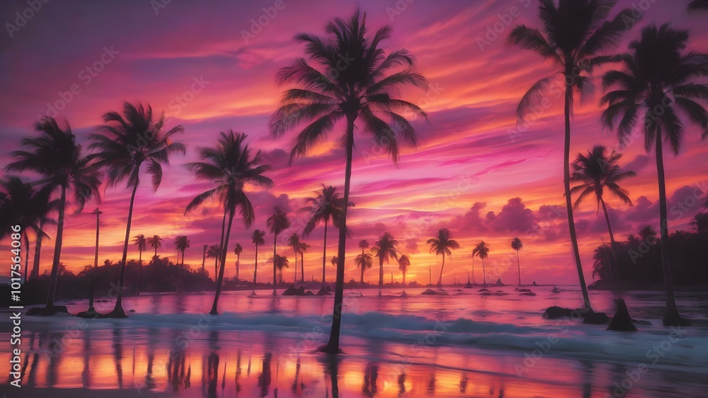 A tropical sunset sky with orange and pink hues reflecting off the ocean, with palm trees silhouetted in the foreground swaying gently in the breeze
A tropical sunset sky with orange and pink hues reflecting off the ocean, with palm trees silhouetted in the foreground swaying gently in the breeze