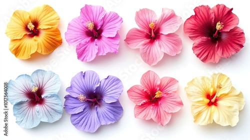 Multicolored Hibiscus Flowers: Collection of multicolored hibiscus flowers isolated on a white background, representing tropical beauty and floral diversity.