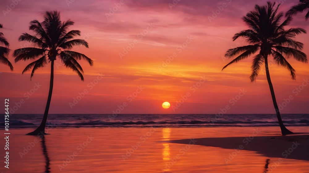 A tropical sunset sky with orange and pink hues reflecting off the ocean, with palm trees silhouetted in the foreground swaying gently in the breeze
A tropical sunset sky with orange and pink hues reflecting off the ocean, with palm trees silhouetted in the foreground swaying gently in the breeze