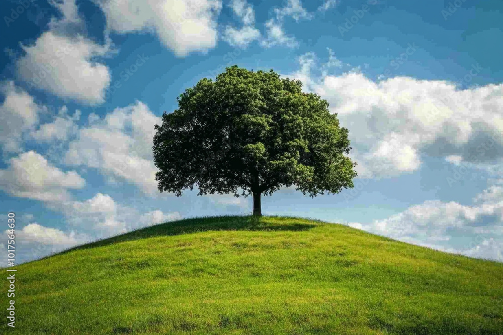 Obraz premium A large tree on a grassy hill.