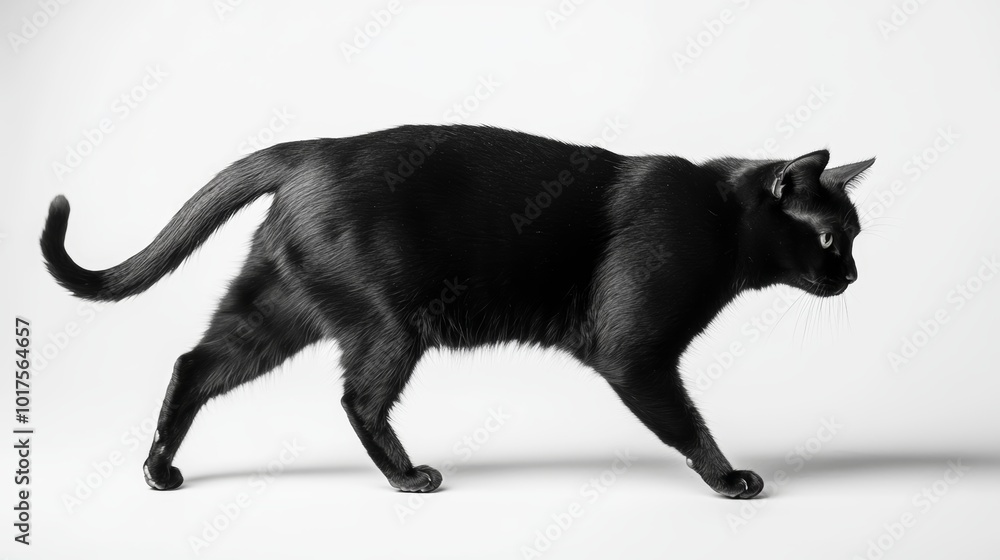 Side view of a black cat walking isolated on white Side view of a black cat walking isolated on white