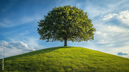 A large tree on a grassy hill.