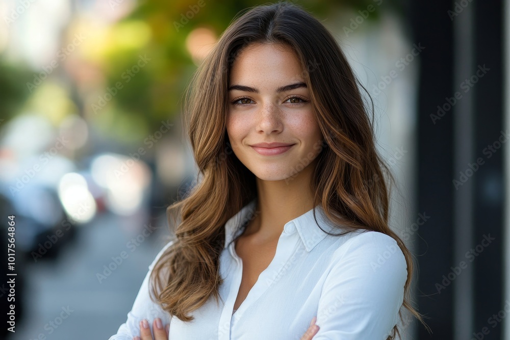 Young happy pretty smiling professional business woman, happy confident positive female entrepreneur standing outdoor on street arms crossed, looking at camera, Generative AI Young happy pretty smiling professional business woman, happy confident positive female entrepreneur standing outdoor on street arms crossed, looking at camera, Generative AI