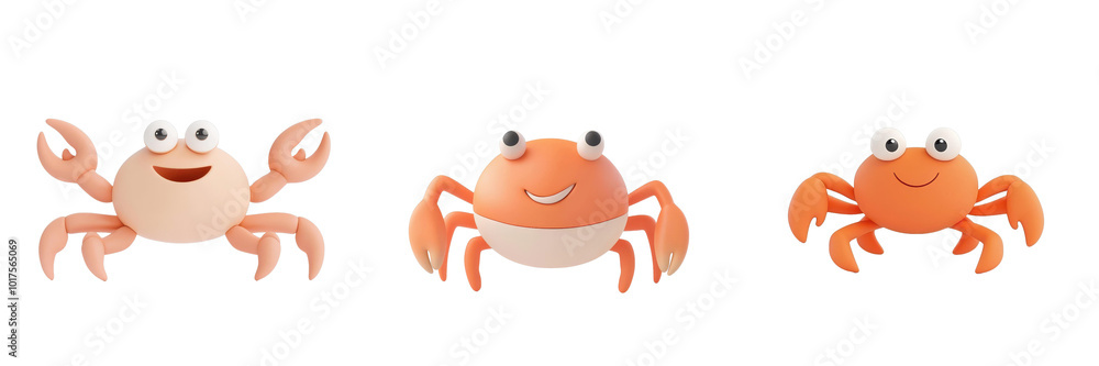 Fototapeta premium Three cheerful crabs with cartoonish features, isolated on transparent background.