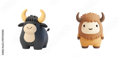 Cute, cartoon-style yaks with friendly faces, isolated on transparent background.