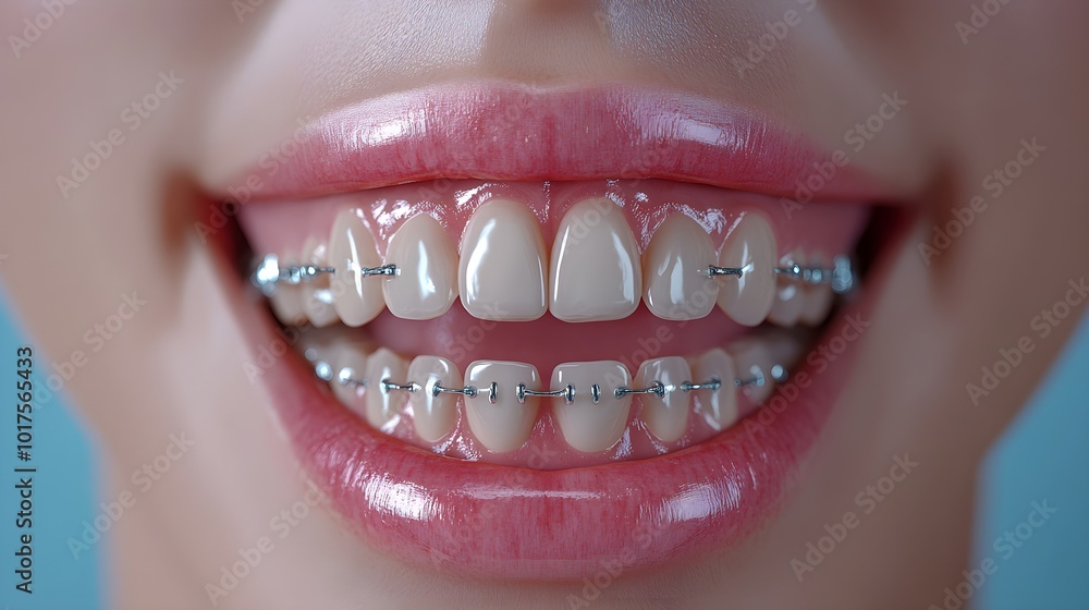 Obraz premium Split view showing orthodontic correction of teeth alignment and smile symmetry, focusing on bite improvement and dental straightening, 3D Render, Photorealistic