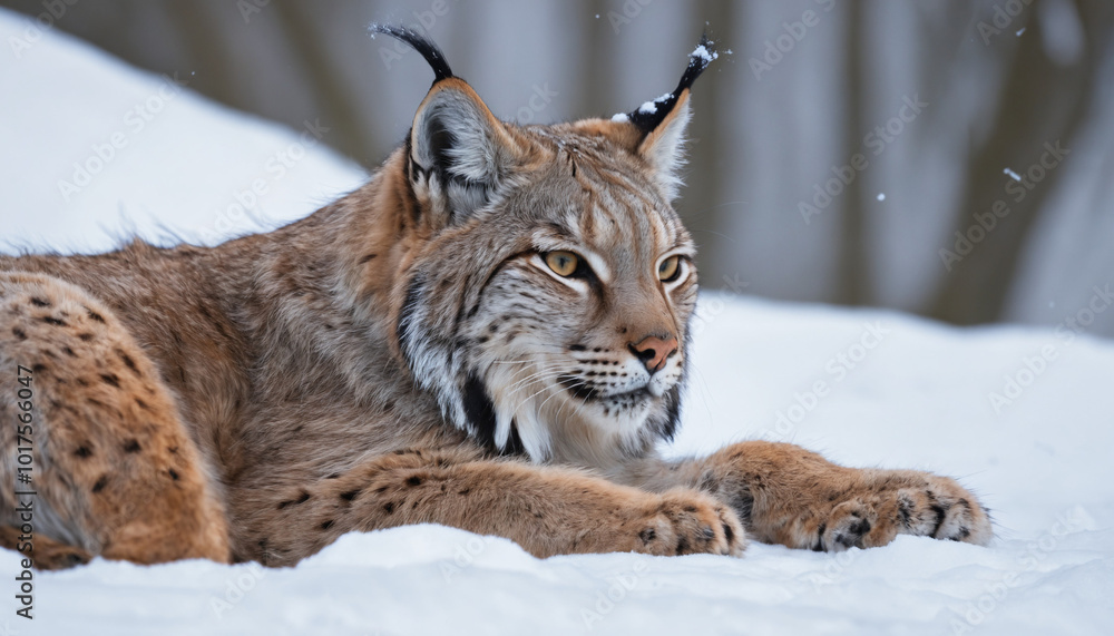 Obraz premium soft fur of a resting lynx in the snow