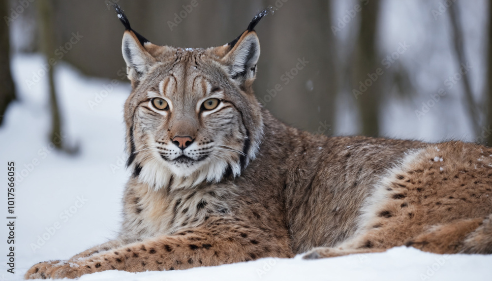 Naklejka premium soft fur of a resting lynx in the snow