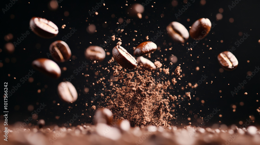 Coffee beans and grounds explode against a black background. Coffee beans and grounds explode against a black background.