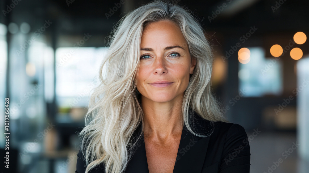 A confident woman with long, silver hair smiles warmly at the camera. A confident woman with long, silver hair smiles warmly at the camera.