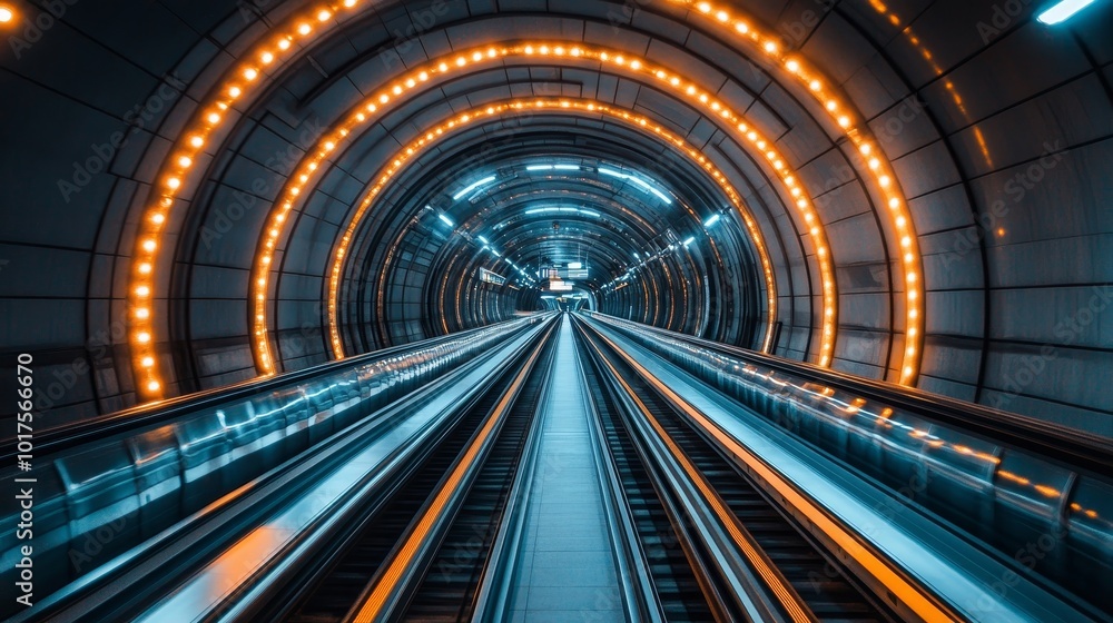 A modern metro station in a circular design, escalators crisscrossing above, trains moving smoothly in choreographed harmony, glowing lights lining the tracks A modern metro station in a circular design, escalators crisscrossing above, trains moving smoothly in choreographed harmony, glowing lights lining the tracks