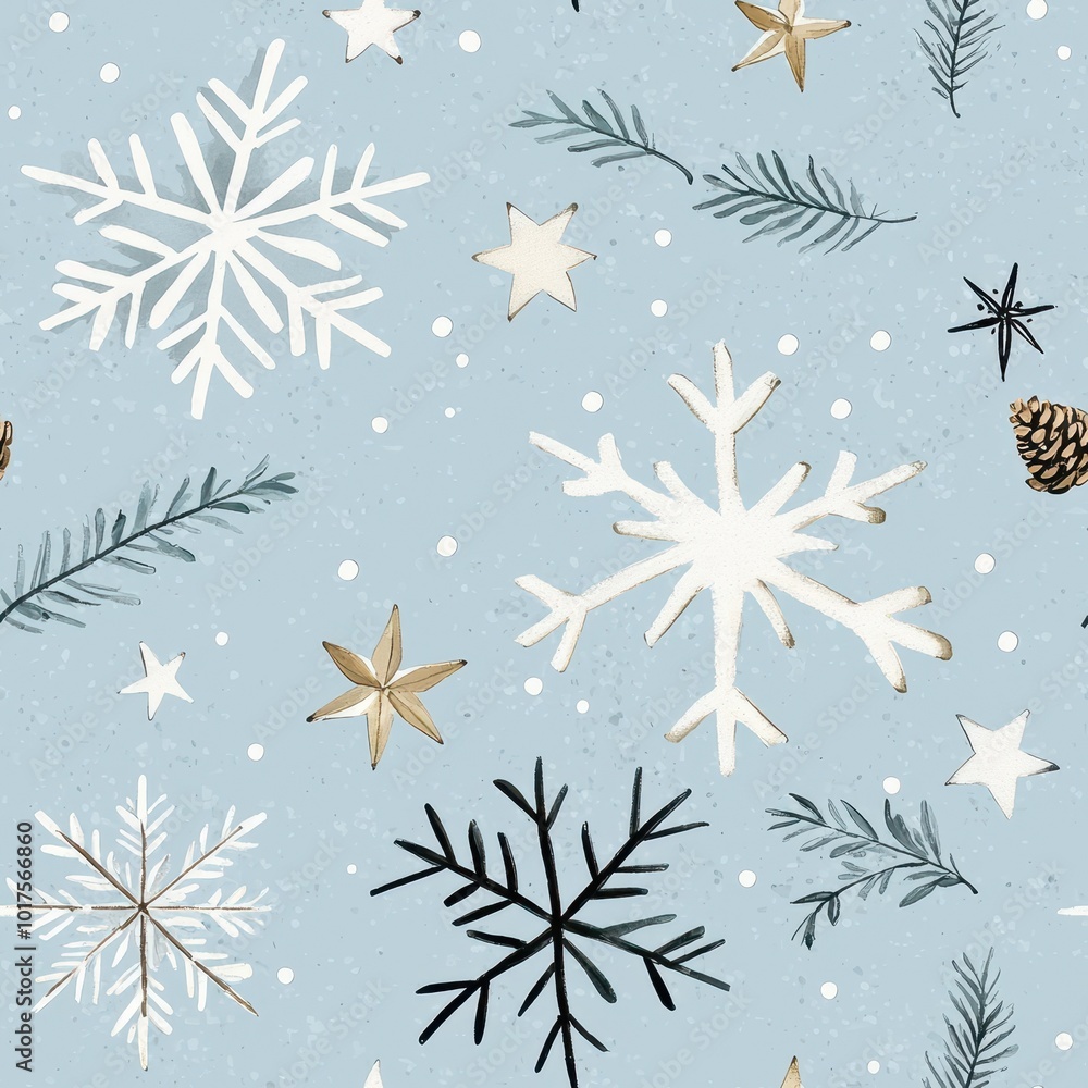 Winter-themed pattern with snowflakes, stars, and pine elements on a blue background. Winter-themed pattern with snowflakes, stars, and pine elements on a blue background.