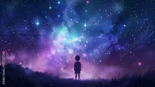 Illustration of a kid under a universe starry sky.