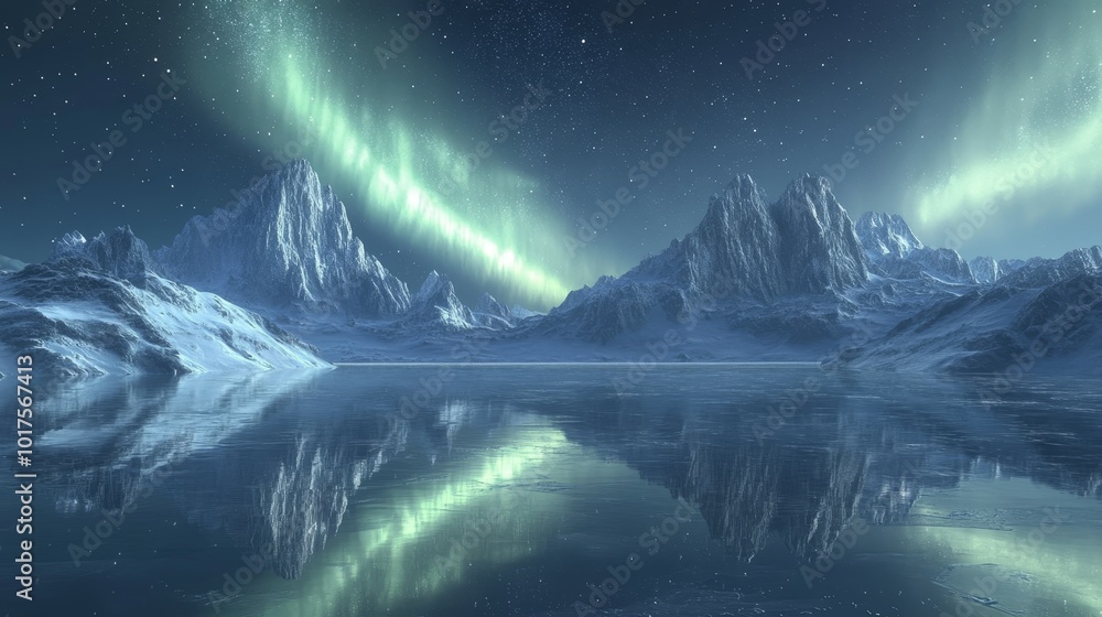Fototapeta premium A mystical frozen lake, perfectly still, reflecting a ring of jagged snowy peaks under a twilight sky filled with stars and northern lights