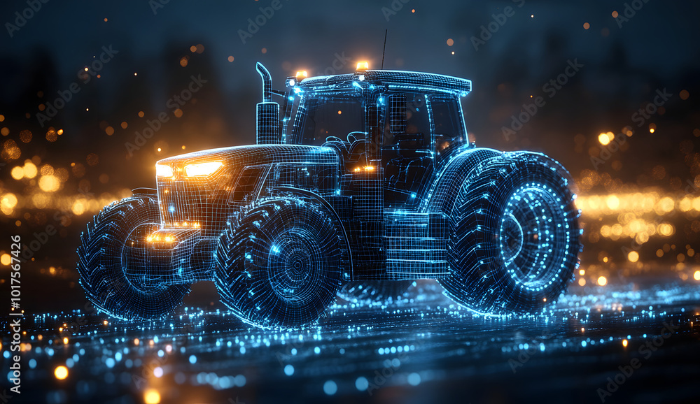 A futuristic tractor made of blue digital lines glowing in the dark, symbolizing the integration of technology and agriculture. This digital artwork highlights innovation in modern farming, with the t A futuristic tractor made of blue digital lines glowing in the dark, symbolizing the integration of technology and agriculture. This digital artwork highlights innovation in modern farming, with the t