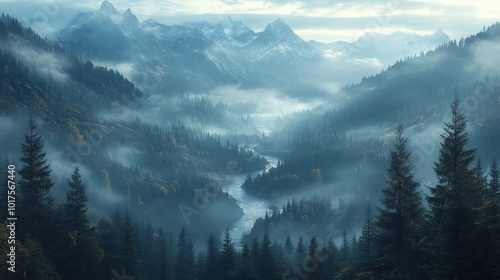 A mystical scene of a ring of pine trees on a foggy mountainside, framing a dreamlike valley with softly glowing rivers and distant mountains.