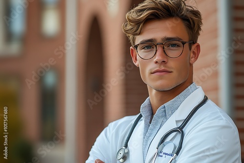 A young man, wearing glasses and a white doctor's coat, with his arms crossed. photo