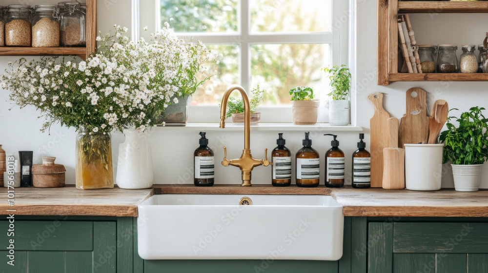 A bright and inviting kitchen scene featuring farmhouse sink, elegant brass faucet, and variety of plants. wooden shelves are adorned with jars and natural decor, creating warm atmosphere A bright and inviting kitchen scene featuring farmhouse sink, elegant brass faucet, and variety of plants. wooden shelves are adorned with jars and natural decor, creating warm atmosphere