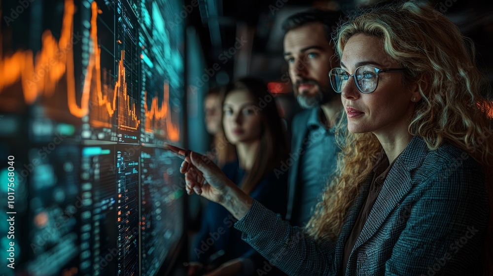 A group of professionals analyzing data on digital screens in a modern workspace. A group of professionals analyzing data on digital screens in a modern workspace.