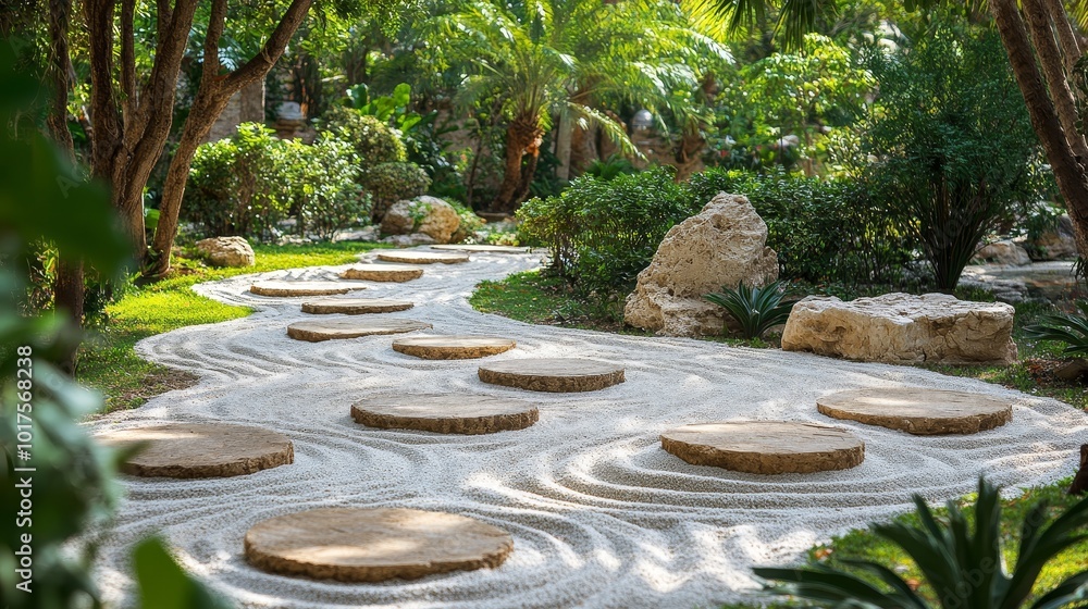 A peaceful circular zen garden, soft white sand raked into perfect spirals, a stone pathway guiding to a serene central meditation area A peaceful circular zen garden, soft white sand raked into perfect spirals, a stone pathway guiding to a serene central meditation area