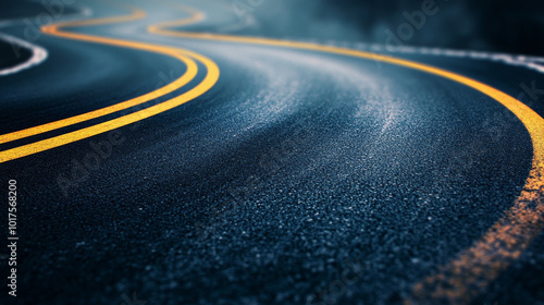 A winding road with double yellow lines, shot from a low angle, gives a sense of mystery and the unknown.