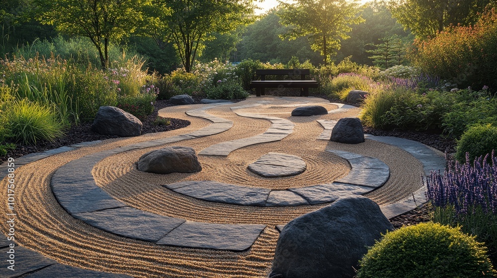 A perfectly symmetrical zen garden, stone pathway in a circular layout, leading to a central meditation bench surrounded by raked sand and small stones A perfectly symmetrical zen garden, stone pathway in a circular layout, leading to a central meditation bench surrounded by raked sand and small stones