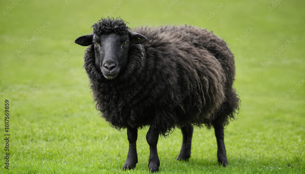 Fototapeta premium curly fur of a black sheep in a green pasture