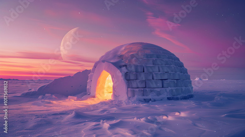 Twilight's Serenade: The Awe-inspiring Resilience of an Igloo amidst a Snow Covered Landscape