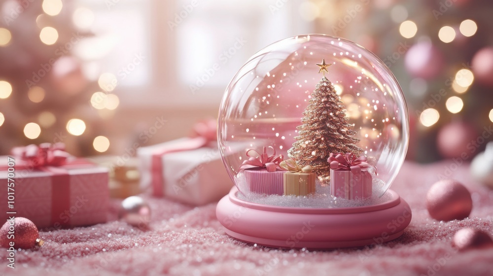Cartoon pink snow globe, soft pastel backdrop, mini Christmas tree and gifts inside, sparkling stars, whimsical and magical design. Cartoon pink snow globe, soft pastel backdrop, mini Christmas tree and gifts inside, sparkling stars, whimsical and magical design.