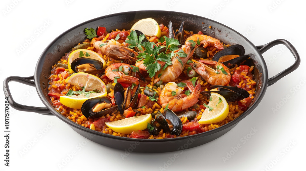 Bouillabaisse Paella on a white backdrop, featuring saffron rice with seafood, tomatoes, and garnished with parsley and lemon. Bouillabaisse Paella on a white backdrop, featuring saffron rice with seafood, tomatoes, and garnished with parsley and lemon.