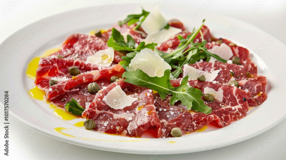 Chateaubriand Carpaccio on a white backdrop, featuring thinly sliced raw beef tenderloin drizzled with olive oil and lemon juice, garnished with capers, arugula, and shaved Parmesan. Chateaubriand Carpaccio on a white backdrop, featuring thinly sliced raw beef tenderloin drizzled with olive oil and lemon juice, garnished with capers, arugula, and shaved Parmesan.
