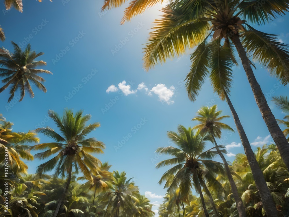 A bright, sunny tropical sky with palm trees standing tall against a vivid blue sky, their leaves catching the soft morning light
A bright, sunny tropical sky with palm trees standing tall against a vivid blue sky, their leaves catching the soft morning light