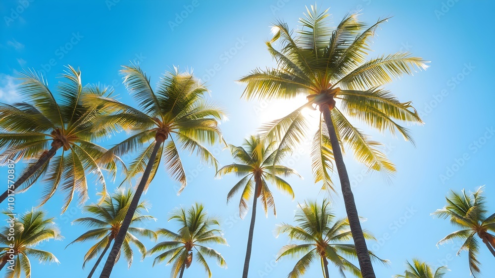 A bright, sunny tropical sky with palm trees standing tall against a vivid blue sky, their leaves catching the soft morning light
A bright, sunny tropical sky with palm trees standing tall against a vivid blue sky, their leaves catching the soft morning light