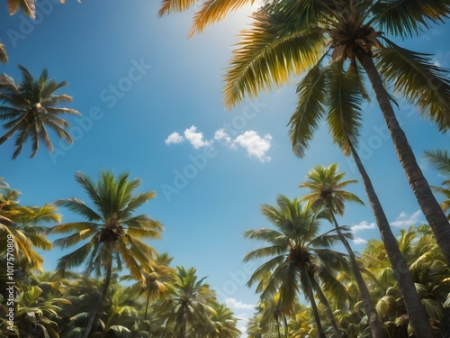 A bright, sunny tropical sky with palm trees standing tall against a vivid blue sky, their leaves catching the soft morning light 